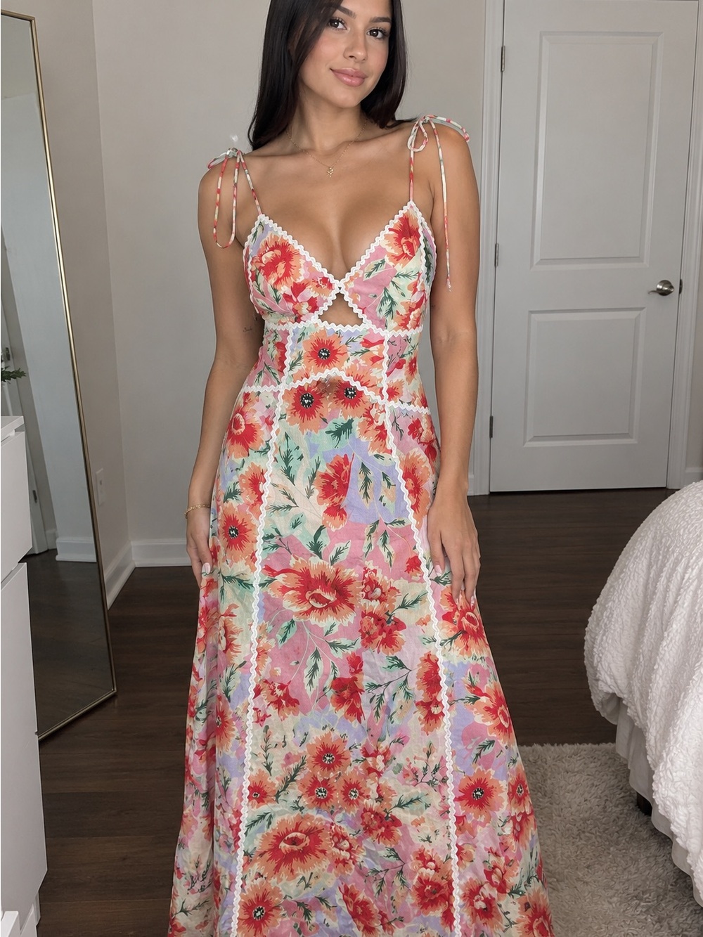 Floral Tie-Shoulder Maxi Dress in Pink
